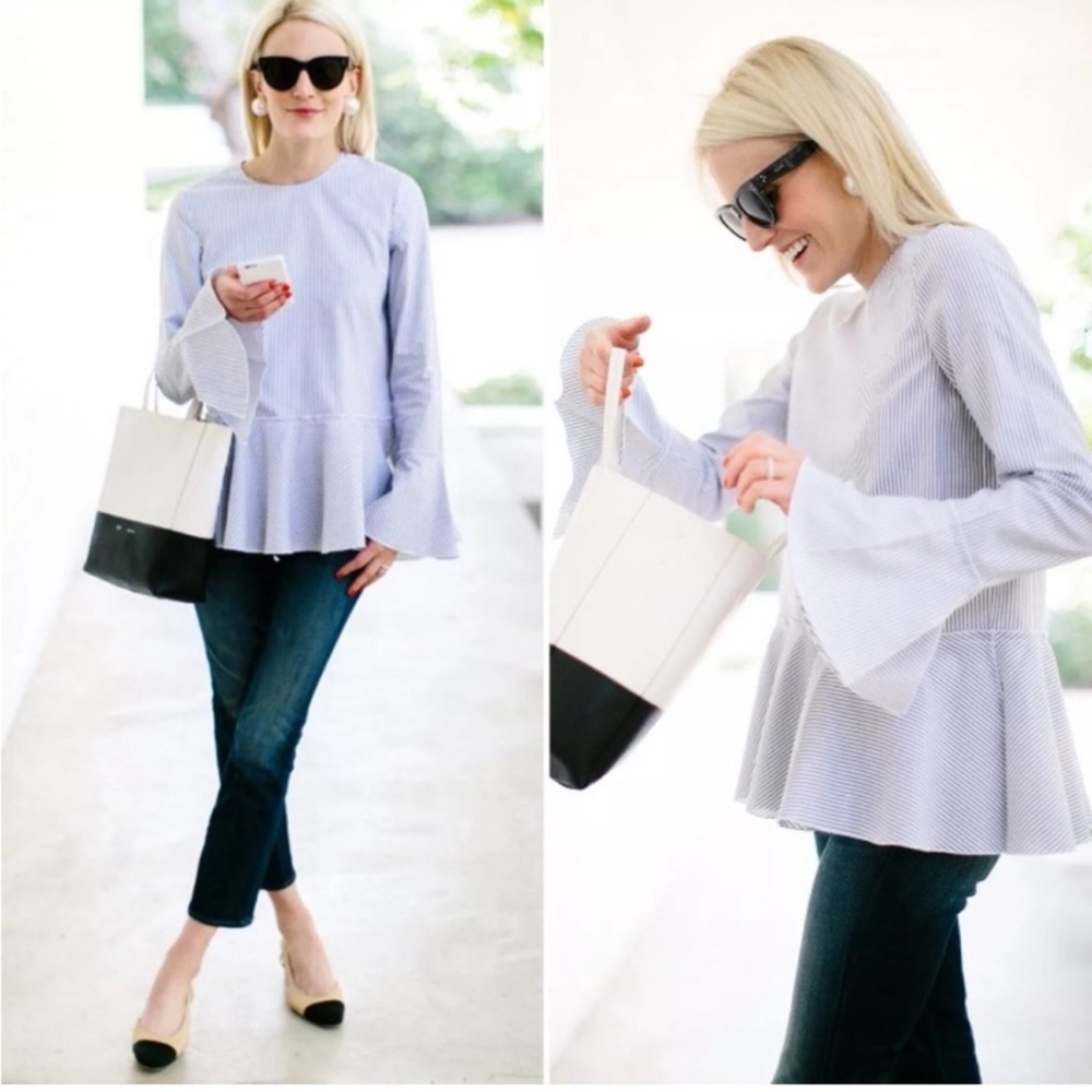Theory Lexanda Cotton Striped Peplum Top Long Sleeve Ruffle Shirt Blouse Small - Picture 4 of 13